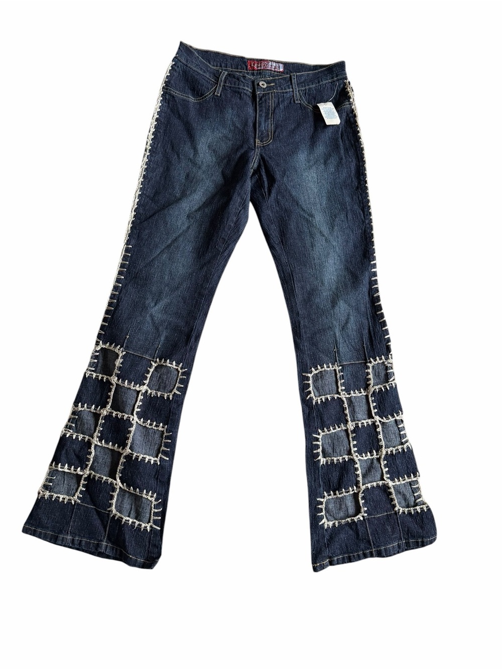 🌟Y2K Streetwear New Old Stock Jeans Dark Blue Flare Jeans White Stitch Grid